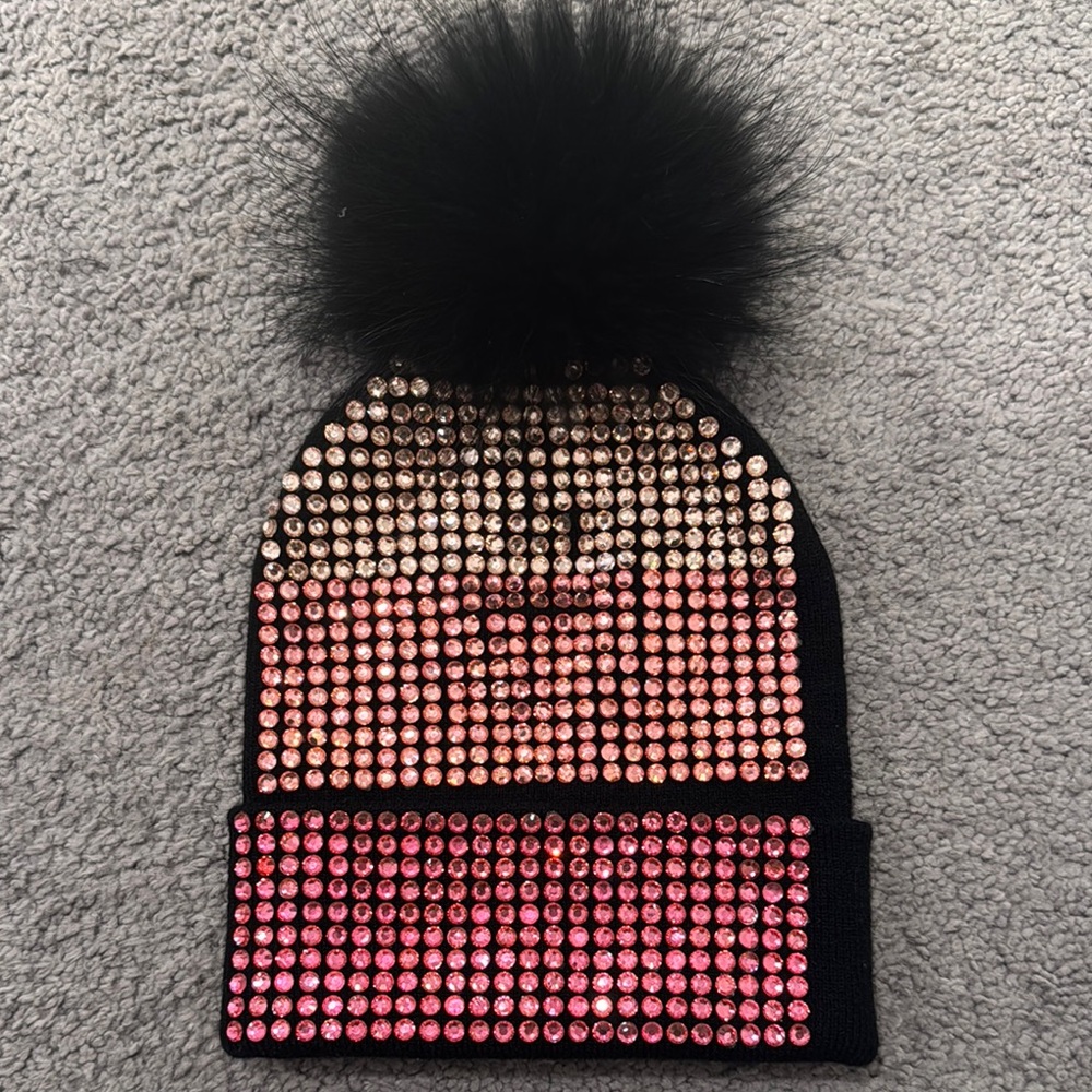 Black and Pink Rhinestone Pom-Pom Beanie
